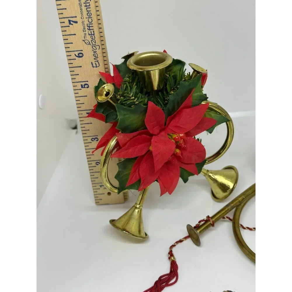 VTG Brass Trumpet Horns‎ Christmas Decor Set 4 Gold Tone Poinsettia Wreath 4